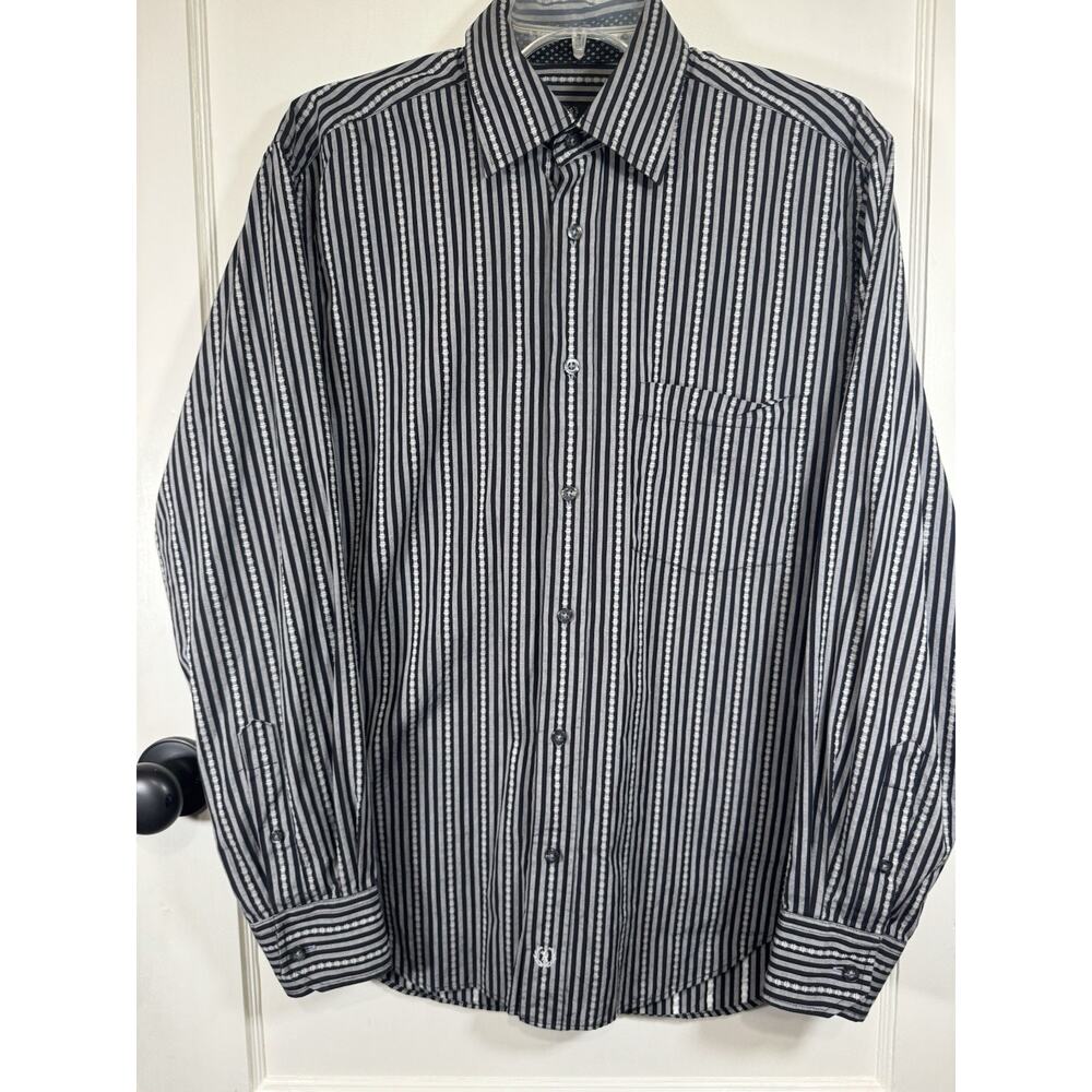 BUGATCHI UOMO Shirt Mens M Black Gray Striped Button Up Modern Luxury Italian